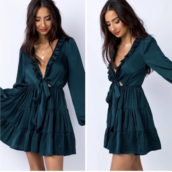 NWT Princess Polly Dark Teal Randi Ruffle Tie Front Mini Dress Sz 0 - Picture 1 of 9